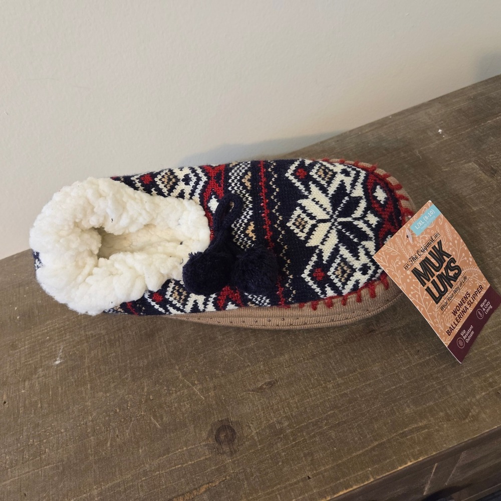 Muk Luks Womens Ballerina Slipper Fair Isle Knit Faux Fur Navy Red L/XL 8-10
